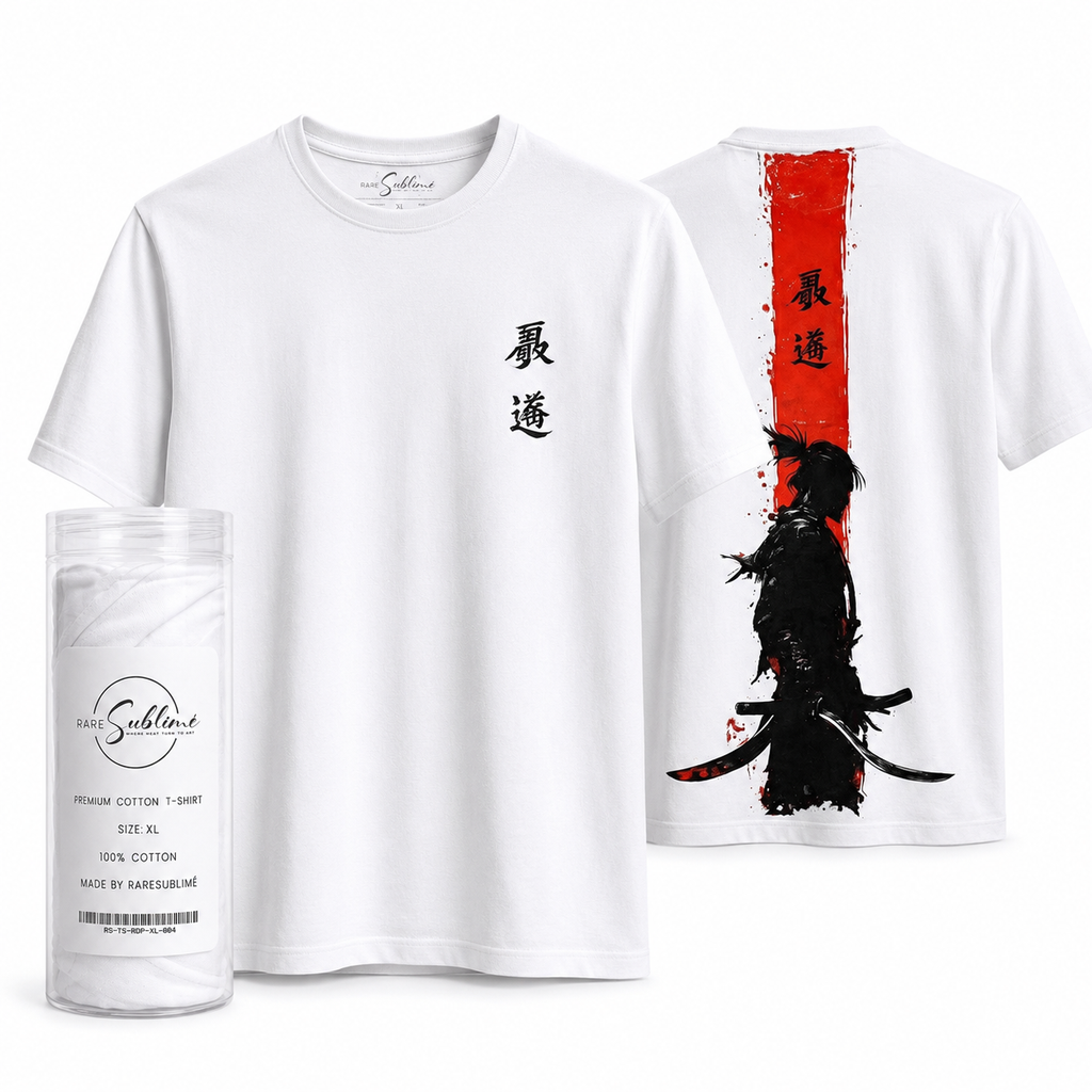 Men’s White Samurai Graphic T-Shirt, 100% Cotton, Short Sleeve Crew Neck, Front and Back Print