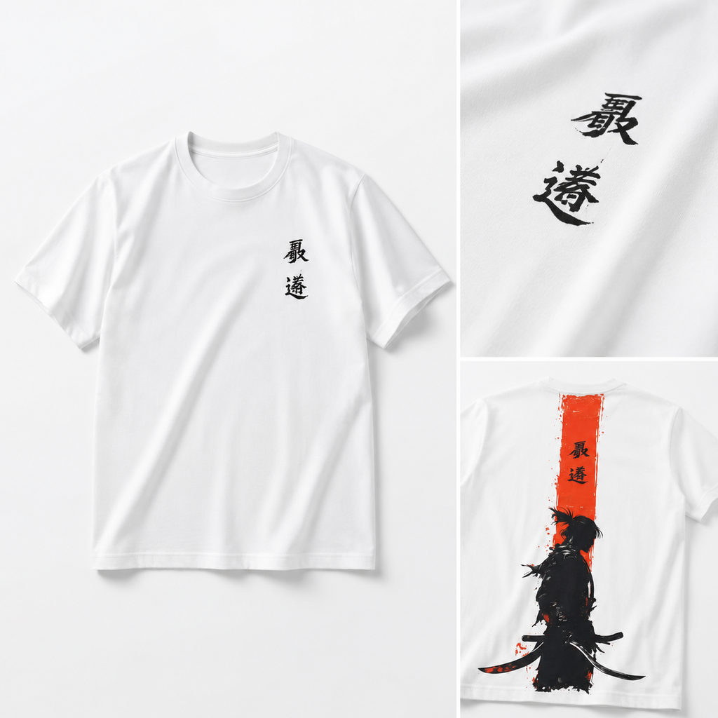 Men’s White Samurai Graphic T-Shirt, 100% Cotton, Short Sleeve Crew Neck, Front and Back Print