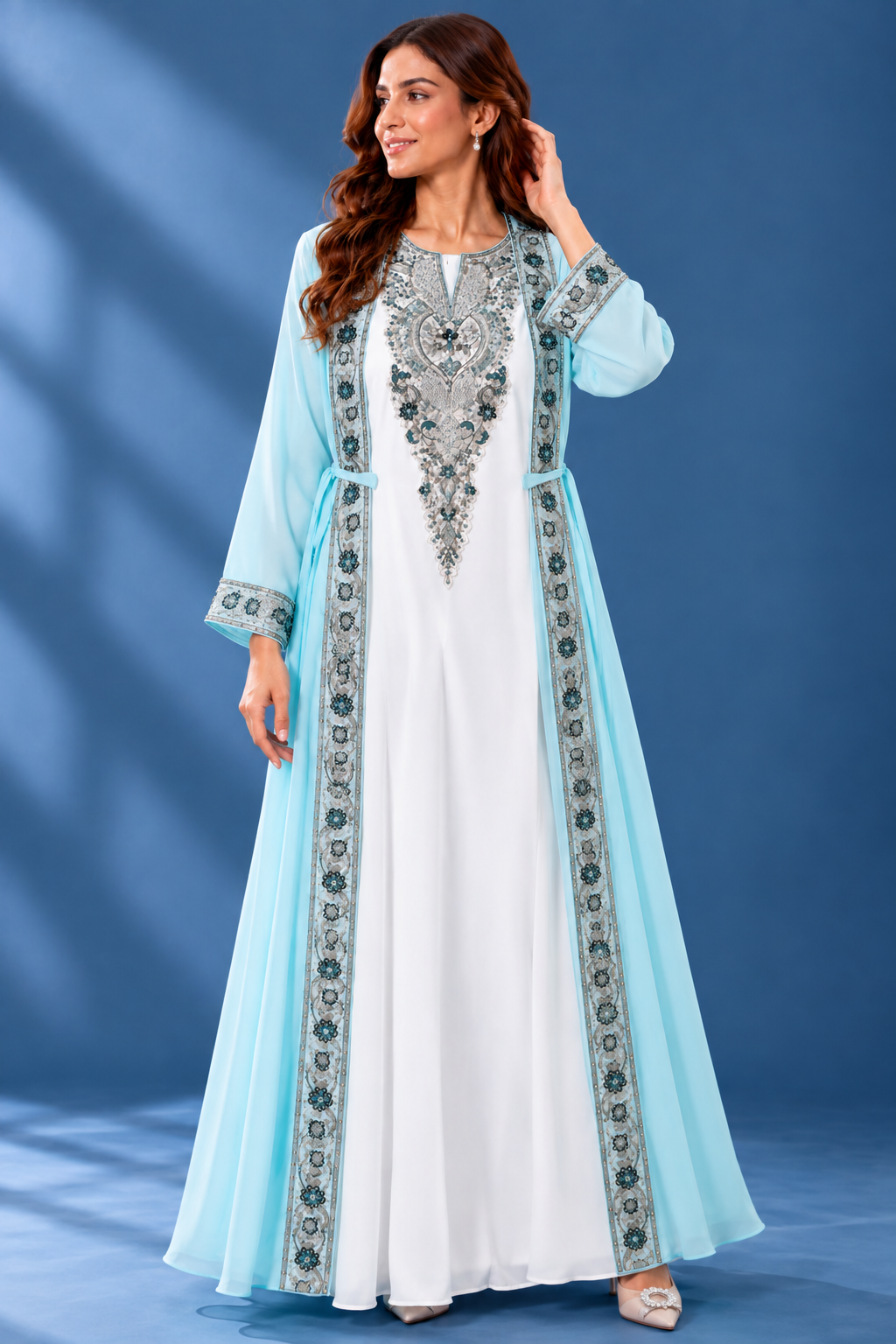 Elegant Light Blue Embroidered Jalabiya for Women – Luxury Traditional Dress-ZR859