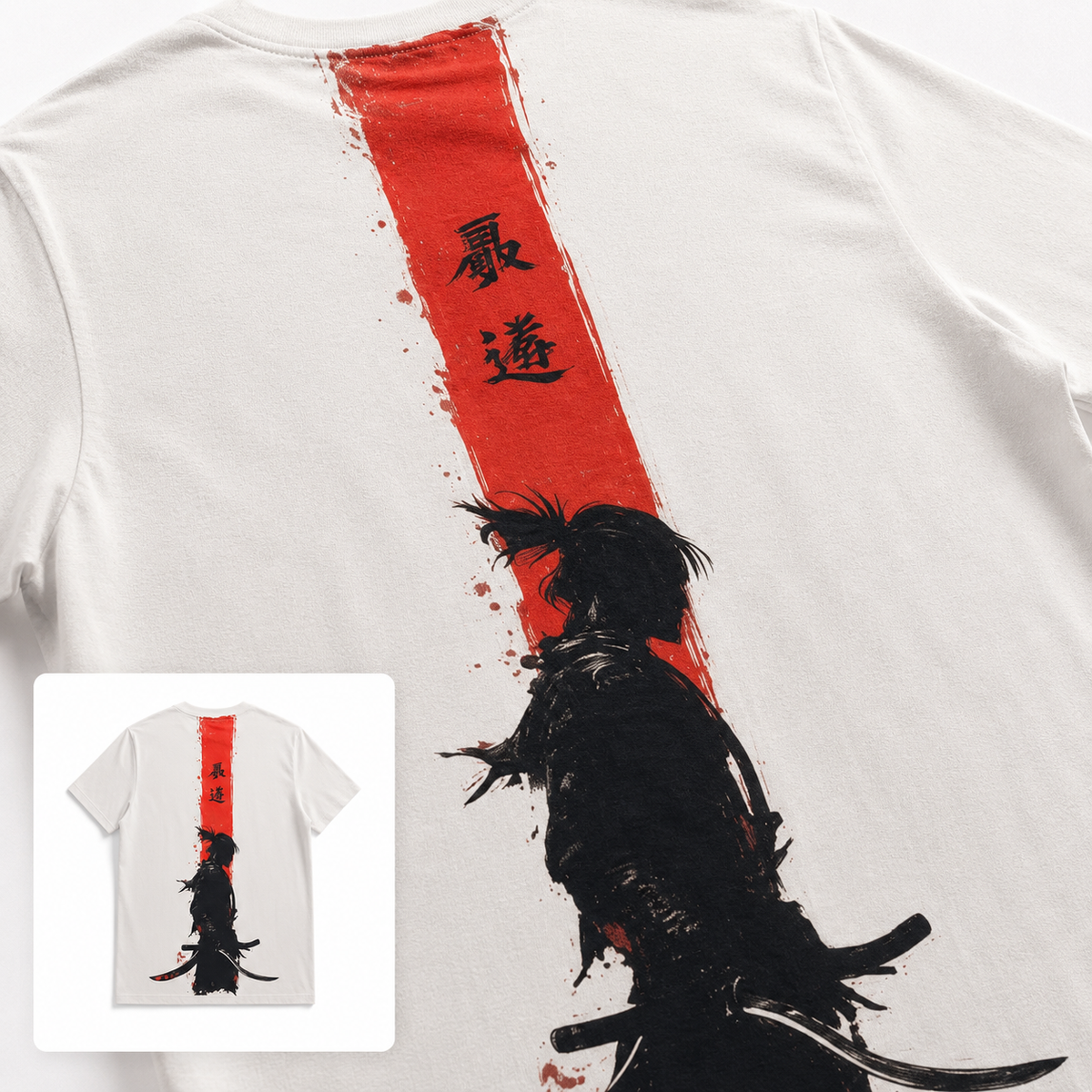 Men’s White Samurai Graphic T-Shirt, 100% Cotton, Short Sleeve Crew Neck, Front and Back Print