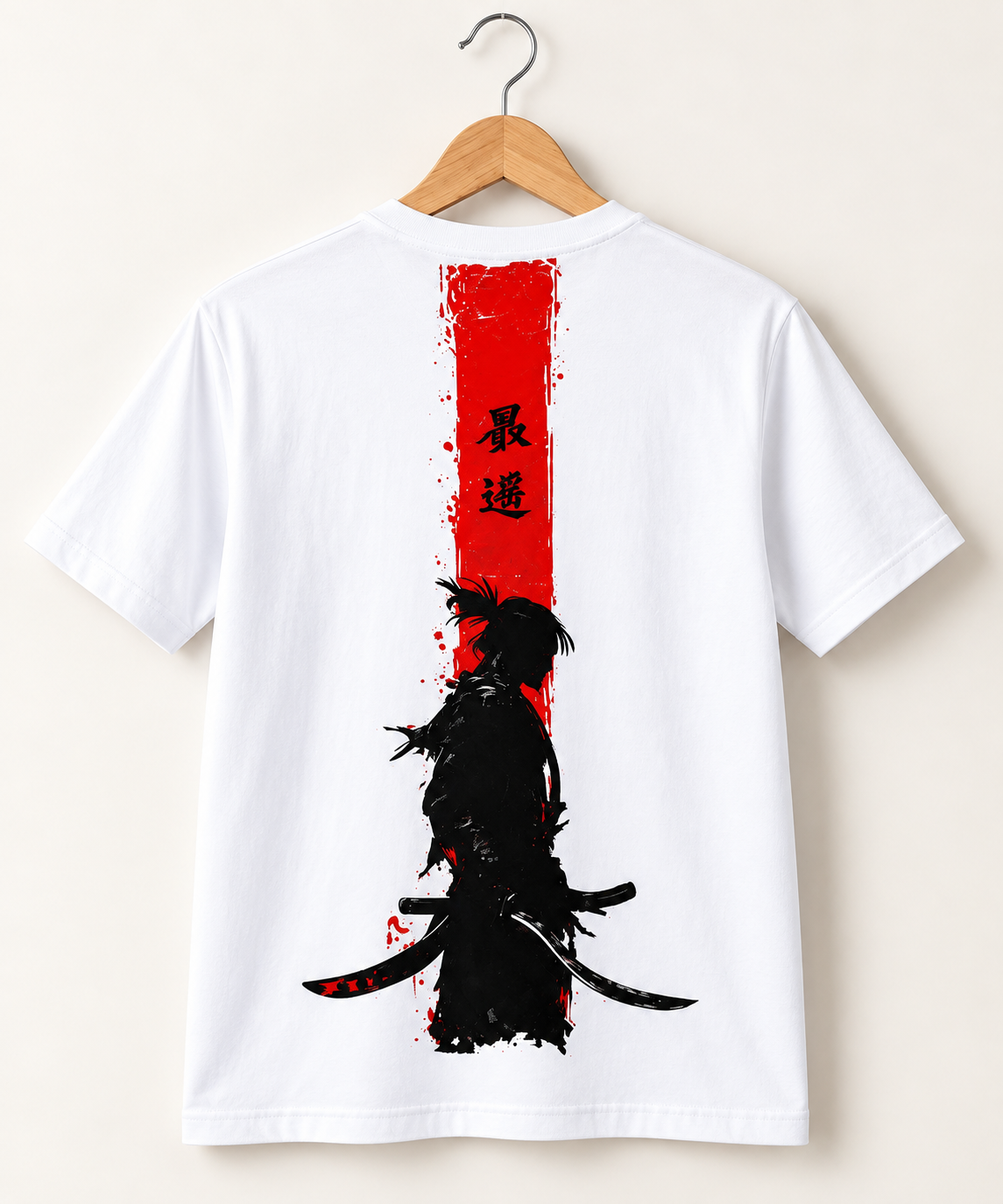 Men’s White Samurai Graphic T-Shirt, 100% Cotton, Short Sleeve Crew Neck, Front and Back Print