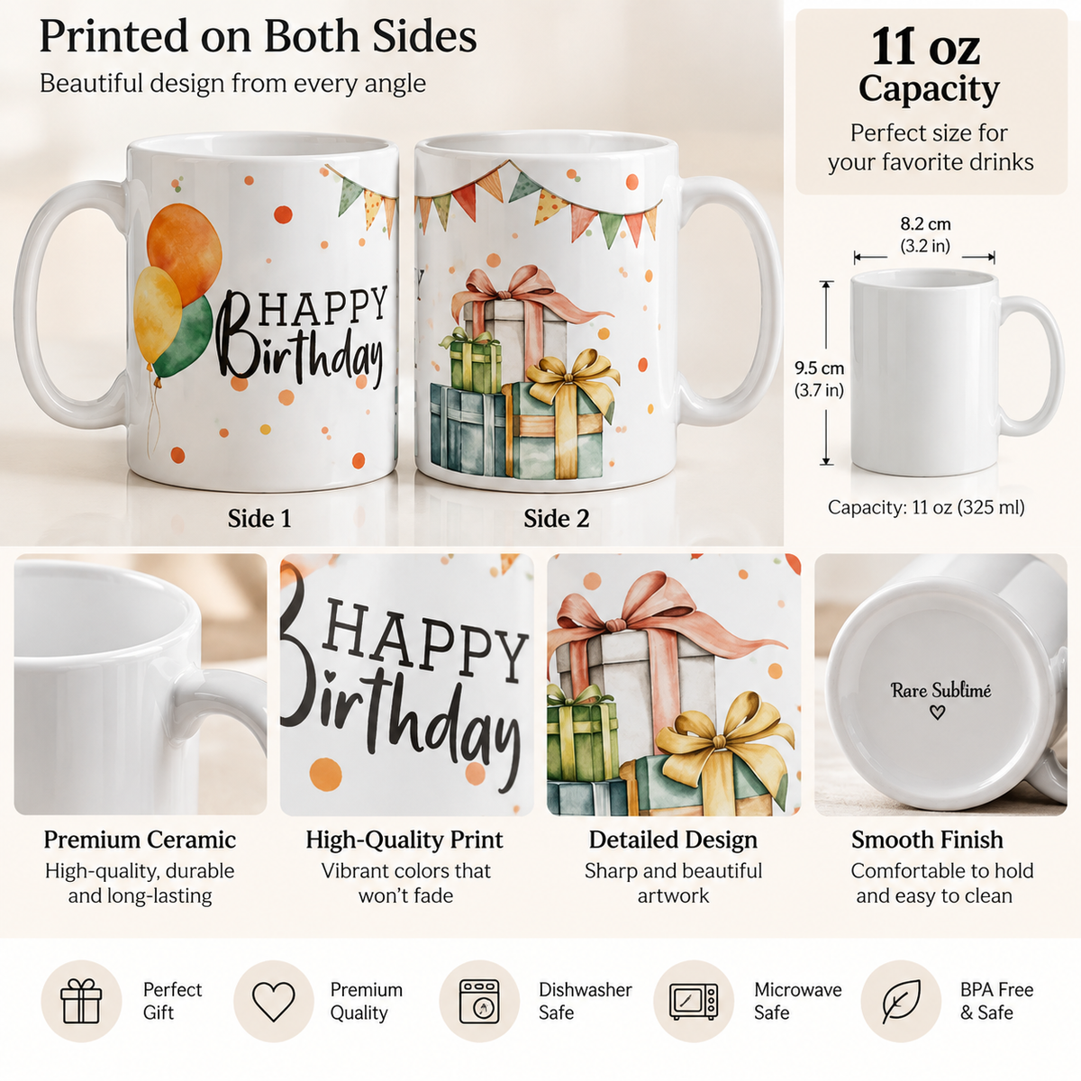Happy Birthday Mug 11 oz – Double-Sided Printed Ceramic Mug