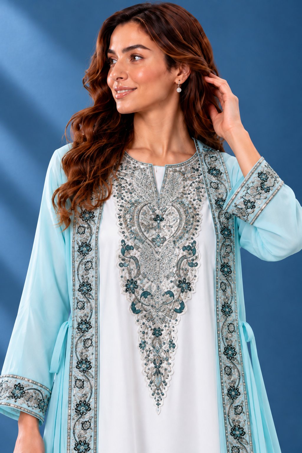 Elegant Light Blue Embroidered Jalabiya for Women – Luxury Traditional Dress-ZR859
