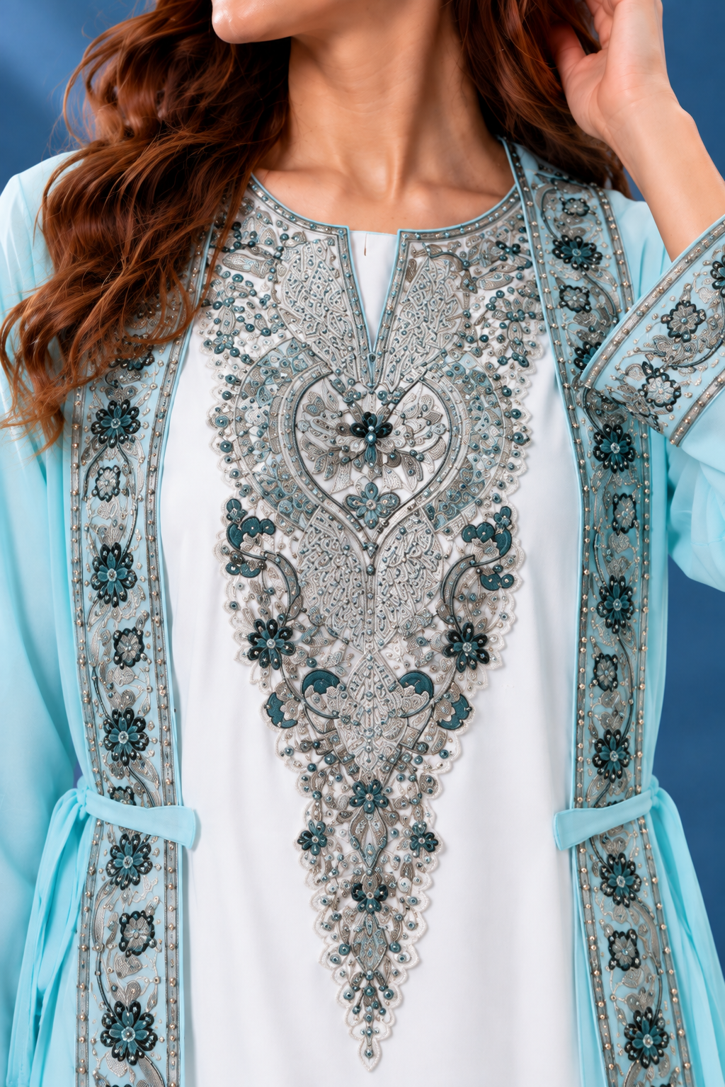 Elegant Light Blue Embroidered Jalabiya for Women – Luxury Traditional Dress-ZR859