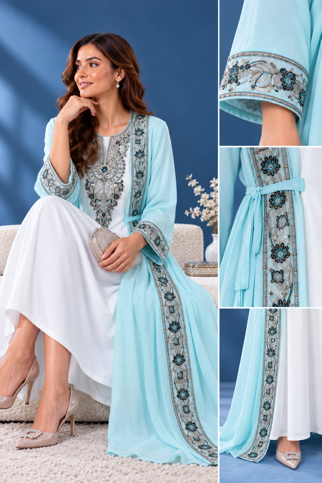 Elegant Light Blue Embroidered Jalabiya for Women – Luxury Traditional Dress-ZR859